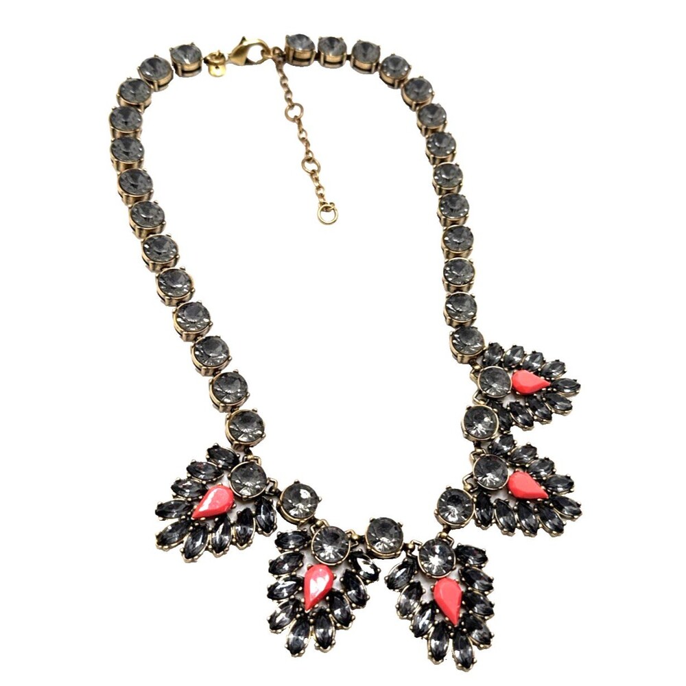 NWOT J. Crew Bib Necklace Gray Smoky Crystal Coral Pink Riviere Rivoli 20"